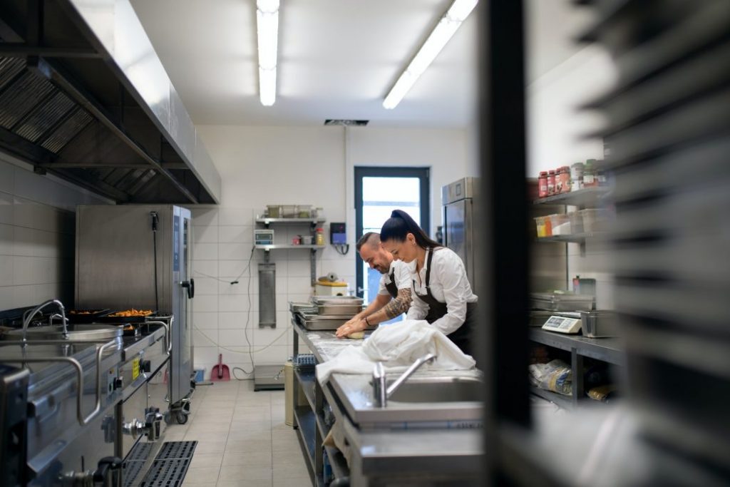 Chef and cook working on their dishes indoors in restaurant kitchen